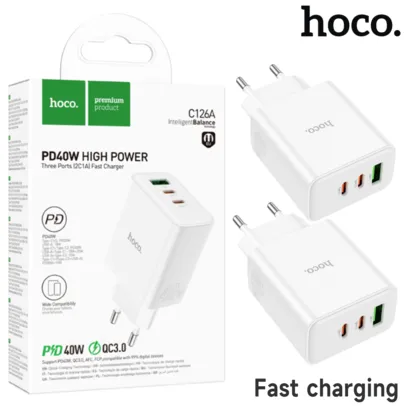 [R$ 41 COM MOEDAS/TAXA INCLUSA] 2 UNIDADES HOCO Carregador Rápido 40W, PD, Dual USB C, QC3.0, Para iOS e Android