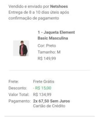 Jaqueta Element Basic Masculina - Preto | R$135