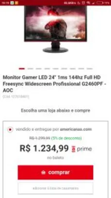 Monitor Gamer LED 24" 1ms 144hz  Full HD Freesync Widescreen - R$1235