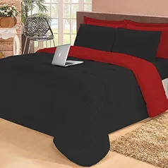 Jogo de Cama Casal Com Edredom Lençol Fronha Função Cobre Leito e Cobertor (Vermelho e Preto)