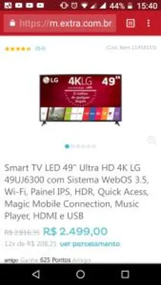 Smart TV LED 49" Ultra HD 4K LG 49UJ6300, WebOS 3.5, Painel IPS, HDR - R$ 2499
