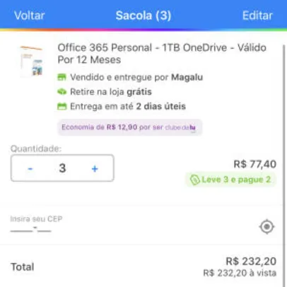 Microsoft 365 Personal (Office 365 Personal) - leve 3 pague 2 | R$86 cada