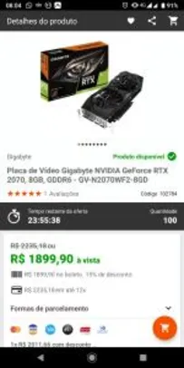 Placa de Vídeo Gigabyte NVIDIA GeForce RTX 2070, 8GB R$ 1900