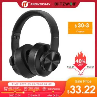 Headset BlitzWolf® BW-HP2 bluetooth V5.0 Headphone Wireless | R$ 172