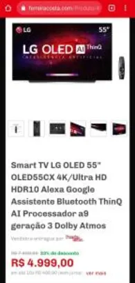 Smart TV 4K LG OLED 55" HDR10, Bluetooth, ThinQ AI (Alexa | Google) - OLED55CXPSA | R$ 4.999
