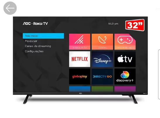 Smart Tv LED Hd 32 Polegadas AOC Sistema Roku TV Wi-Fi HDMI