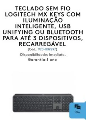 TECLADO SEM FIO LOGITECH MX KEYS COM ILUMINAÇÃO INTELIGENTE, USB UNIFYING OU BLUETOOTH | R$760