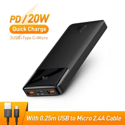 Carregador Portátil PowerBank 20000mah 20w + Cabo USB 2.4A 0.5m | BASEUS