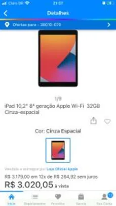 iPad 10,2” 8ª geração Wi-Fi 32GB CINZA ESPACIAL | R$2877