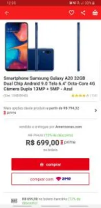 (Ame = R$ 635,45/ ame+CC = R$ 603,68) Samsung A20