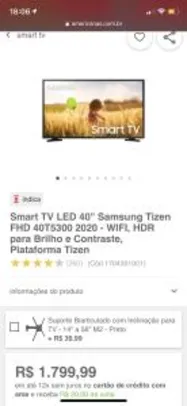 Smart TV LED 40'' Samsung Tizen FHD 40T5300 2020 | R$1800