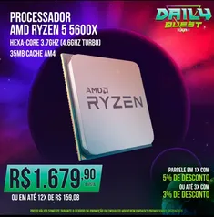 Processador AMD Ryzen 5 5600X HEXA-CORE 3.7GHZ (4.6GHZ TURBO) 35MB CACHE AM4 | R$1.680