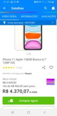iPhone 11 Apple 128GB Branco 6,1” - R$4220