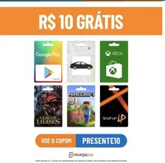 R$ 10 grátis para créditos Uber, Google Play, RIOT points, LOL, Xbox, Minecraft no RecargaPay