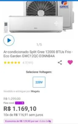 (Clube da Lu) Ar Condicionado Split Gree Eco Garden Só Frio High Wall 12000 BTUs  R$1.169