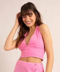 Blusa cropped frente única com lastex e liocel alça larga decote V rosa