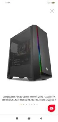 Computador Pichau Gamer, Ryzen 5 2600, RADEON RX 580 8Gb MSI, Ram 8GB DDR4, HD 1TB, 600W, Dragoon R