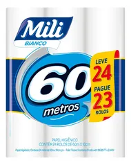 Papel Higiênico 60m Mili Bianco Ne L24p23 24 Rolos | R$19