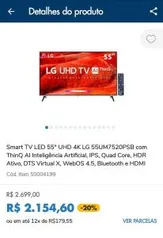 Smart TV LED 55" UHD 4K LG 55UM7520 ThinQ | R$2.154