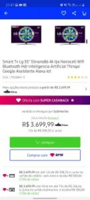 [R$ 500,00 de Cashback] Smart TV LED 55 UHD 4K LG 55NANO86 NanoCell [R$3700]