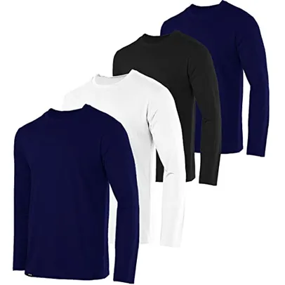 Kit com 4 Camisetas Masculinas Básicas Manga Longa Slim Fitness 