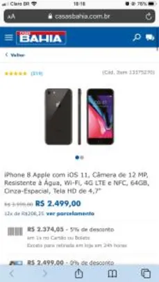 iPhone 8 Apple com iOS 11 - 64GB Preto | R$2374