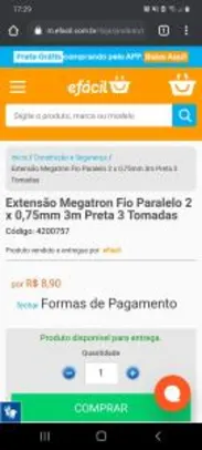 Extensão MEGATRON com fio duplo de 3 metros e 3 tomadas | preto | R$9