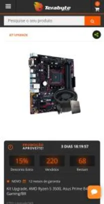 Kit Upgrade, AMD Ryzen 5 3500, Asus Prime B450M Gaming/BR R$1499