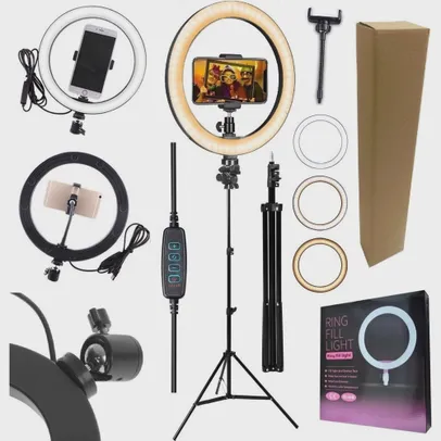 (AME SC 70,02)Kit Youtuber Tripé Profissional Pedestal 2,10m + Luz Iluminador Led Ring Light 26cm 