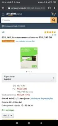 SSD, WD, Armazenamento Interno SSD, 240 GB | R$ 285