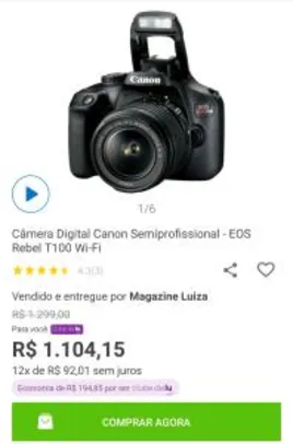 [Clube Da Lu] Câmera Digital Canon Semiprofissional - EOS Rebel T100 Wi-Fi | R$1.104