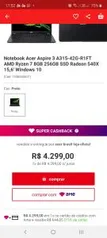 [APP + cupom + AME: R$3.288] Notebook Acer Aspire 3 A315-42g-r1ft AMD Ryzen 7 8GB 256SSD Radeon 540x 15,6 com Windows 10