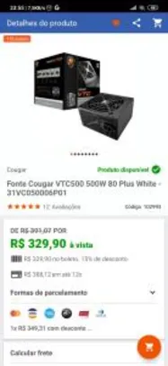 Fonte Cougar VTC 500w PFC ATIVO 80 Plus White | R$313