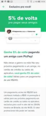 [Usuários Selecionados] Ganhe 5% de volta pagando um amigo com PicPay!