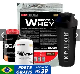 Kit Whey Protein 500g, BCAA 4,5 100g, Creatine 100g, Coqueteleira 