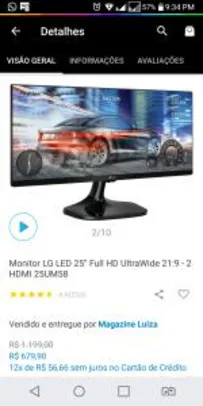 [Magalu APP] Monitor LG Ultrawide 25" Full HD 21:9 [FRETE GRÁTIS]