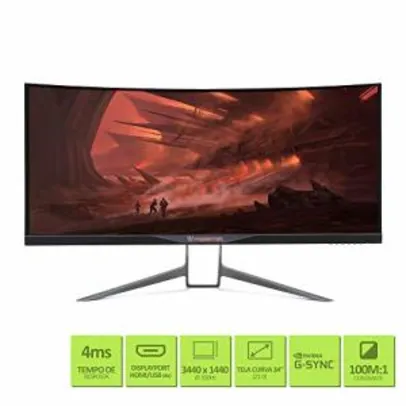 Monitor Gamer Acer Pedator 2K X34, 34" Ultrawide Curvo 100Hz G-Sync  - R$ 3499