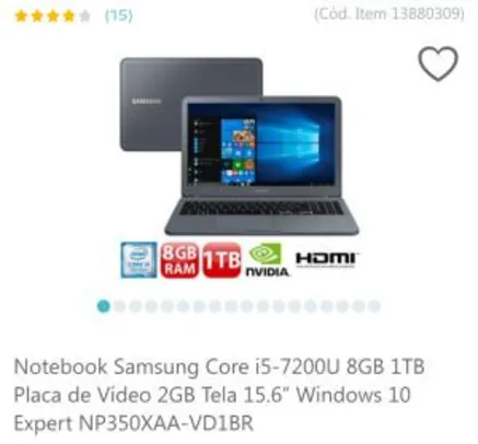Notebook Samsung Core i5-7200U 8GB 1TB Placa de Vídeo 2GB Tela 15.6” Windows 10 Expert NP350XAA-VD1BR