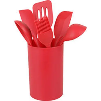 Saindo por R$ 80: Conjunto de utensílios de silicone vermelho 6 peças com suporte - Basic+ | Pelando