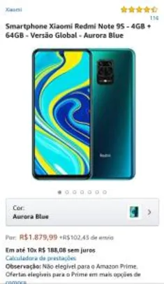 Xiaomi Redmi Note 9S - 4GB + 64GB - Global - Aurora Blue | R$1.880