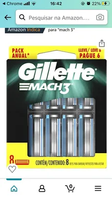 [App+Prime] Carga para Aparelho de Barbear Gillette Mach3 - Leve 8 Pague 6 | R$35