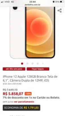 iPhone 12 Apple 128GB Branco Tela de 6,1” | R$5858