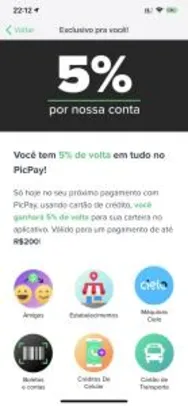 [Usuários Selecionados] 5% de volta em um pagamento de até R$300 no PicPay