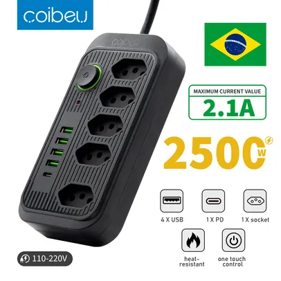 [R$33 "MOEDAS"/BR] Extensão de Energia COIBEU , 5 Tomadas BR + 5 Portas USB(A/C) #Aliexpress 🇧🇷