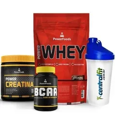 Combo Academia Hipertrofia - Power Whey 900g Power Bcaa Power Creatina Coqueteleira