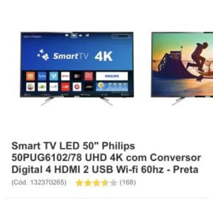 [APP AMERICANAS] Smart TV LED 50" Philips 50PUG6102/78 UHD 4K com Conversor Digital 4 HDMI 2 USB Wi-fi 60hz - Preta - R$1889