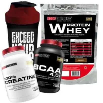 Kit Whey Protein 500 G + BCAA 4,5 100g + 100% Creatine 100 G + Coqueteleira - Bodybuilders | R$50