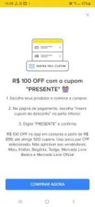 Cupom R$100 mercado livre acima de R$899