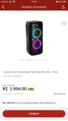Caixa de Som Amplificada Party Box 300 JBL - Preta | R$1894