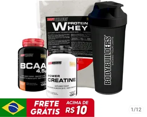  Kit Whey Protein 500g, BCAA 4,5 100g, PowerCreatine 100g, Coqueteleira Bodybuilders